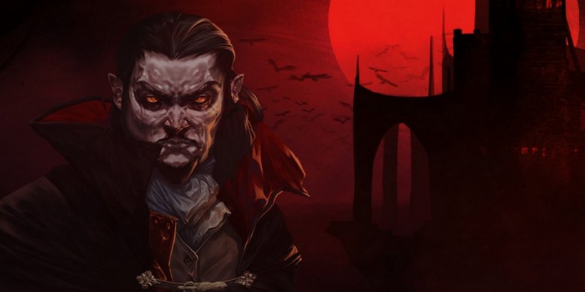 Portrait of a vampire with red moon and bats in the background